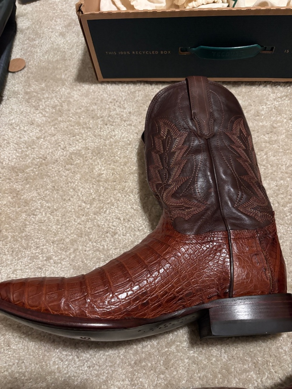 Tecovas 13D Brown Crocodile-Textured Leather Cowboy Boots - Picture 2 of 16